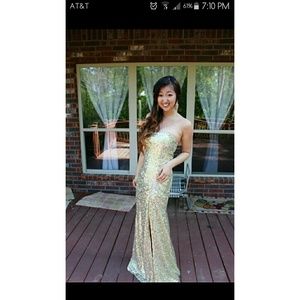 Champaign sequin prom dress with applique