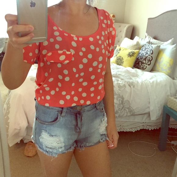 Coral pink polka dot top