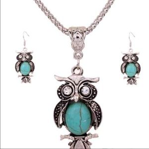 Turquoise owl necklace and earrings and socks