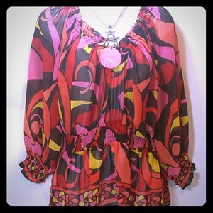 Colorful Geometrical Print Sheer Top