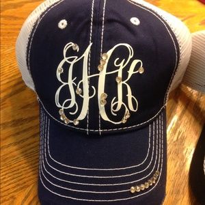Custom initial hats with bling. Navy or black