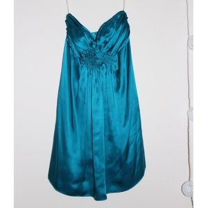 Teal silk strapless dress