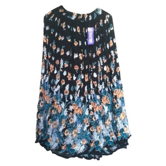 Black Floral Boho Rayon Broomstick Skirt NWT