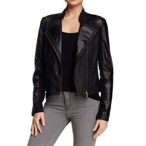 Perforated Sleeve Faux Leather Moto Jacket LARGE