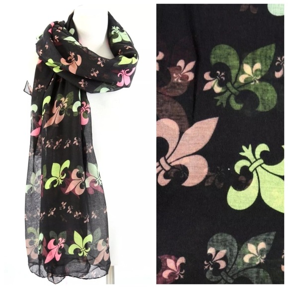 Boutique Accessories - Black Colorful Fleur Di Lis Scarf B31