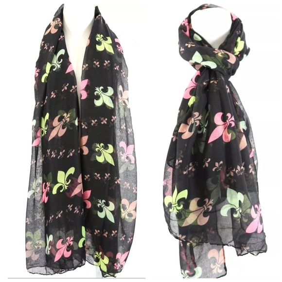 Black Colorful Fleur Di Lis Scarf B31 - Picture 2 of 4
