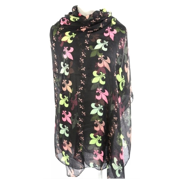 Black Colorful Fleur Di Lis Scarf B31 - Picture 3 of 4