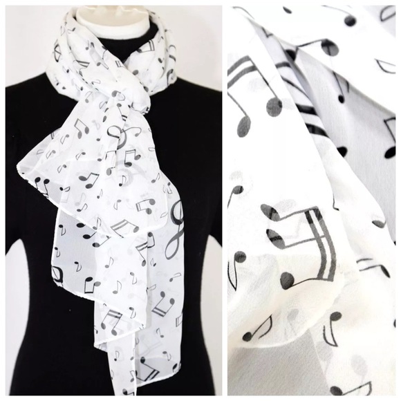B31 White & Black Musical Note Chiffon Scarf - Picture 2 of 4