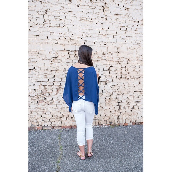 Navy Top with Sexy Criss-Cross Back - Picture 3 of 4