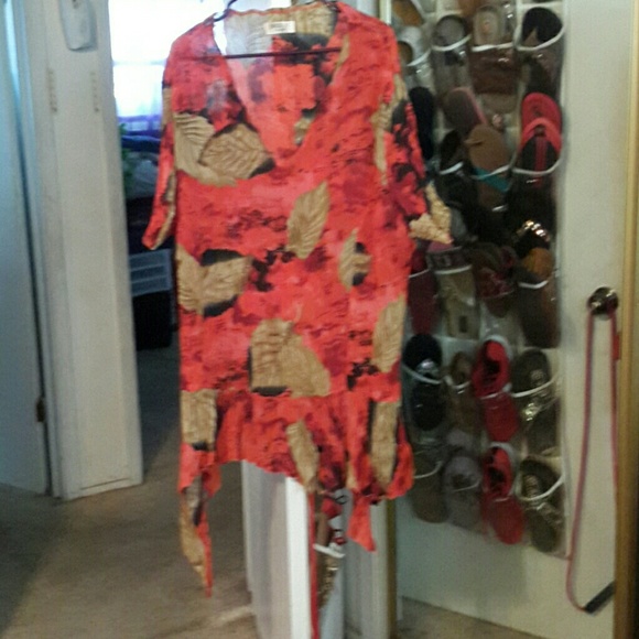 Red,blsck,brown,tan color blouse handchief hem on