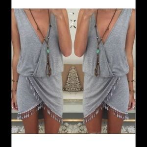 Summer grey mini dress w/ sewn feathered tassels