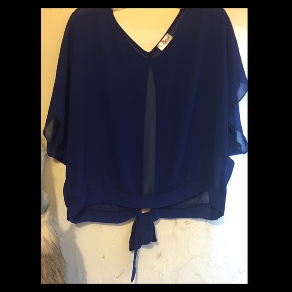 Royal Blue Sheer Shirt M/L w/ open back/bow - Picture 1 of 2