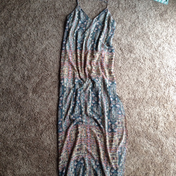 peach blue and cream dress with leg slit