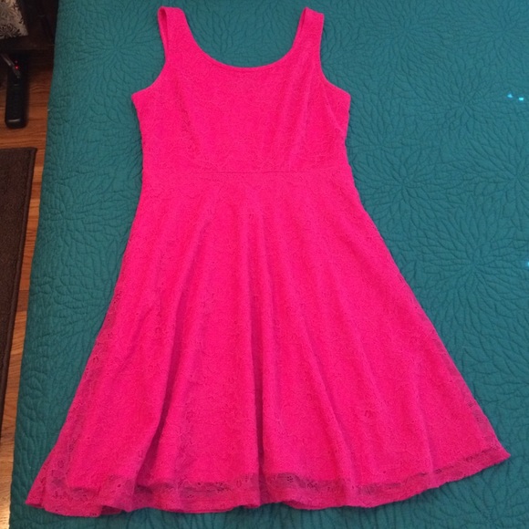 Hot pink fit and flare dress.