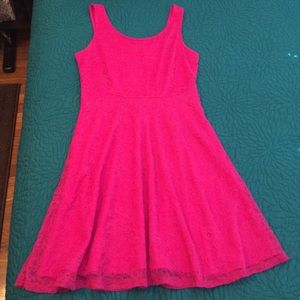 Hot pink fit and flare dress.