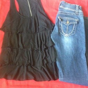 Black tank top  with light blue pants