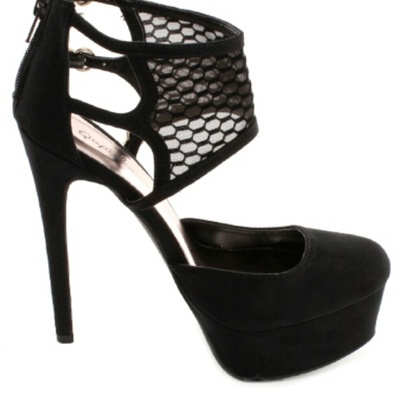 Suede Platform Black Heels With Mesh Harness New