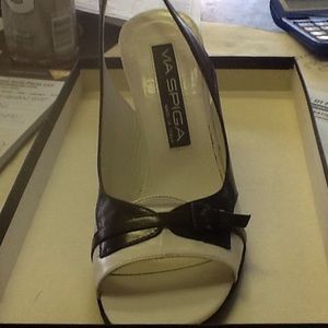 Black and white 3 inch via spiga stilettos.