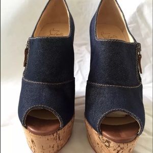 christian louboutin denim and cork wedges