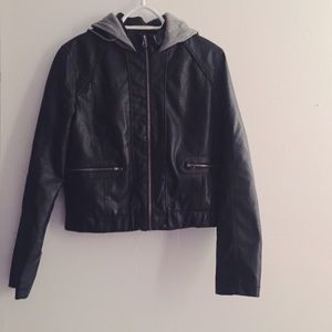 Black hooded leather jacket
