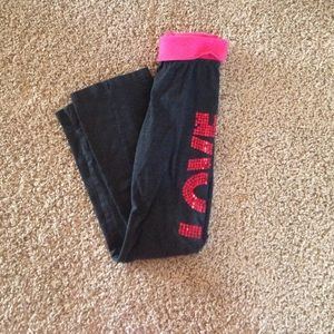 Dark grey and pink sequin love yoga pants