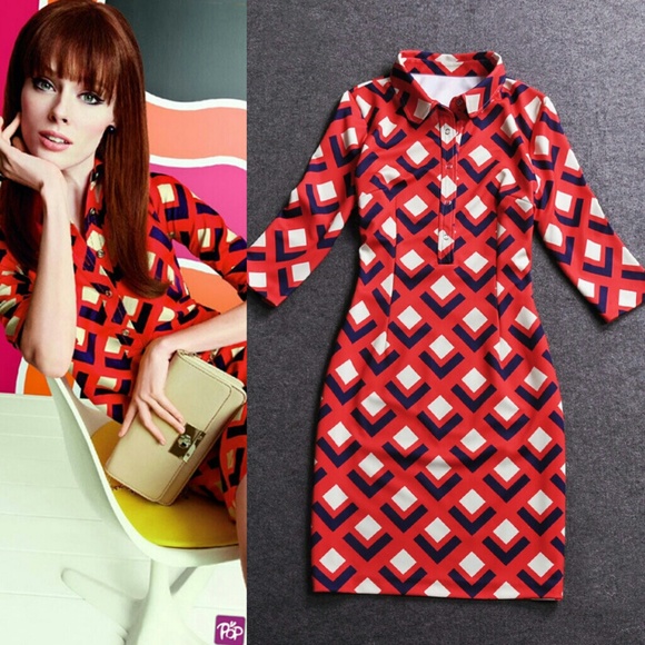 Geometric  Print 3/4 sleeve shift knit dress