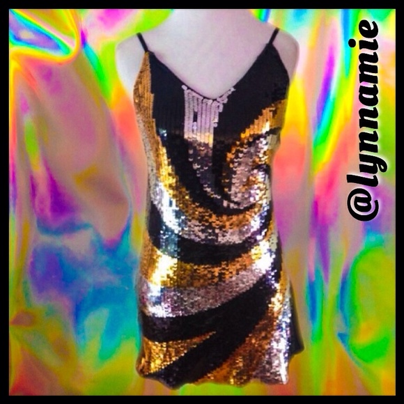 Black, silver and gold sequined dress