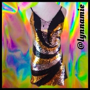 Black, silver and gold sequined dress