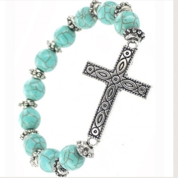 Turquoise Silver Cross Bracelet - Picture 2 of 2