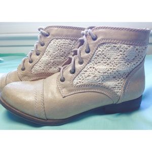Taupe Crochet Lace Combat Ankle Boots