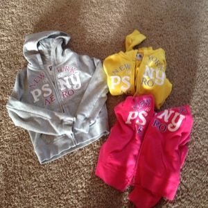 Grey, yellow, pink girls hoodies.