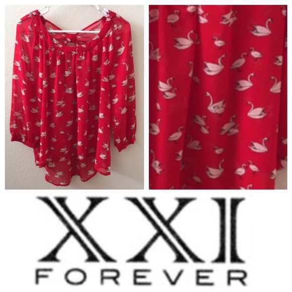Red Blouse with Swan Print
