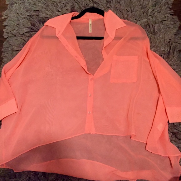 Fluorescent pink see-through button down