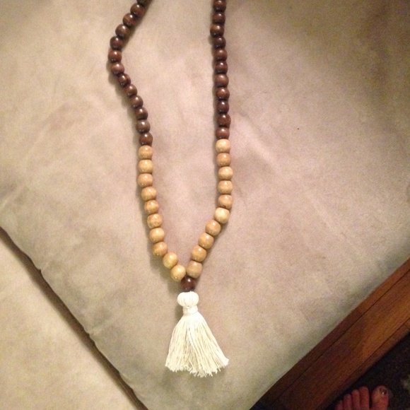 Handmade, wood bead, tassel necklace.