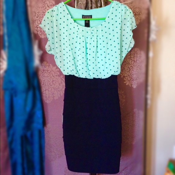 Aqua & Navy Blue Chiffon Polkadot Dress