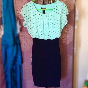 Aqua & Navy Blue Chiffon Polkadot Dress