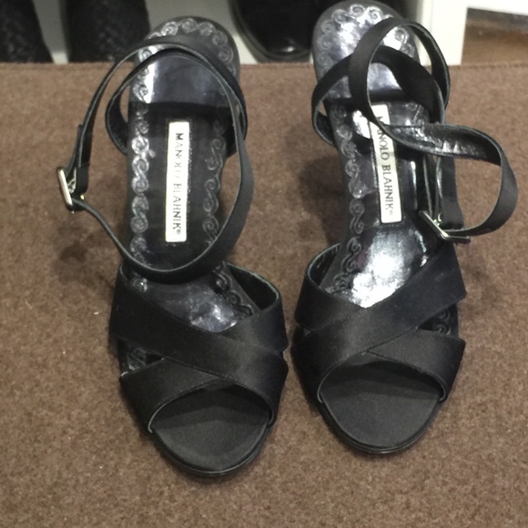 Manolo black satin strappy sandals