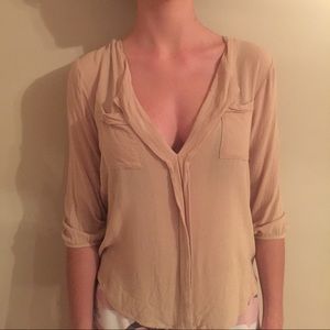 Taupe/beige v neck quarter length pocket blouse