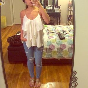 Ruffled off white tank with gold chain straps