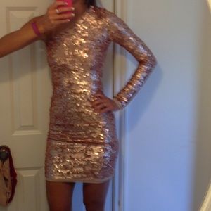 BCBG bronze sequin one shoulder bodycon