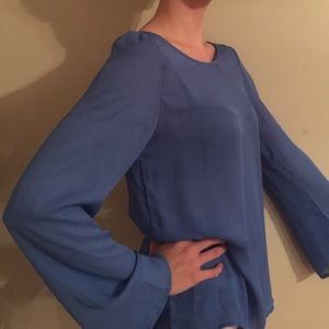 Blue crisscross back long sleeve blouse