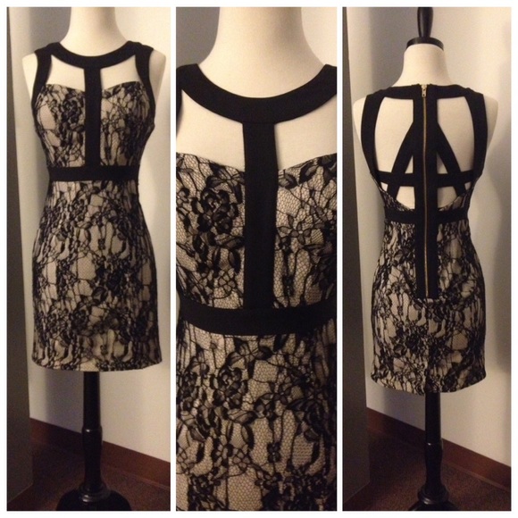 XOXO Dresses & Skirts - CHAMPAGNE & BLACK LACE DRESS