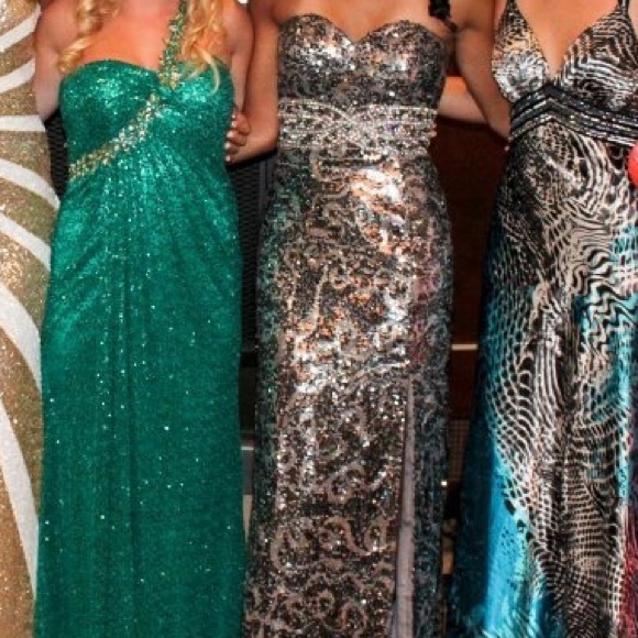 Night Moves silver sequined prom dress