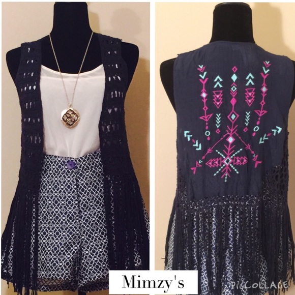 Navy Boho Chic Fringe Vest