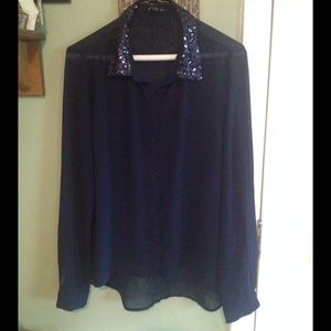 Dark Blue Sheer Button Down with Sequin Collar