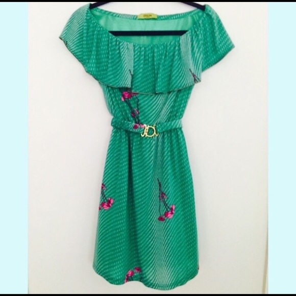 Orion London ruffle green floral dress w/belt