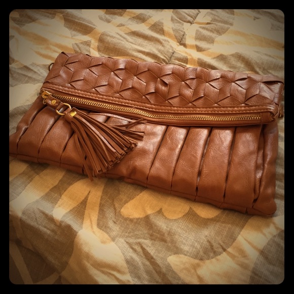 Cognac Fold Over Clutch w Gold Chain Strap - Picture 1 of 4