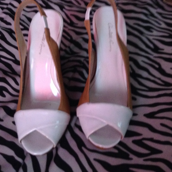 White with tan strap platforms