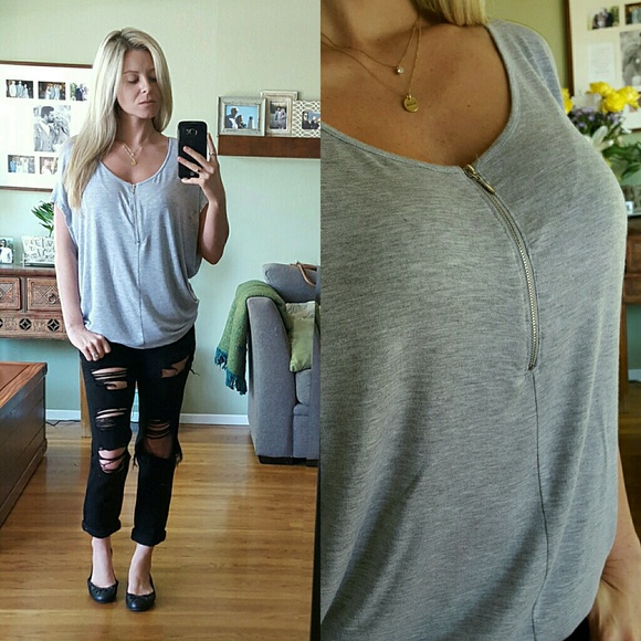 Tops - RESERVED Light Gray Tee w/ Front Zipper