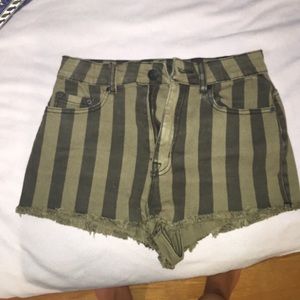 Green and black striped denim shorts high rise